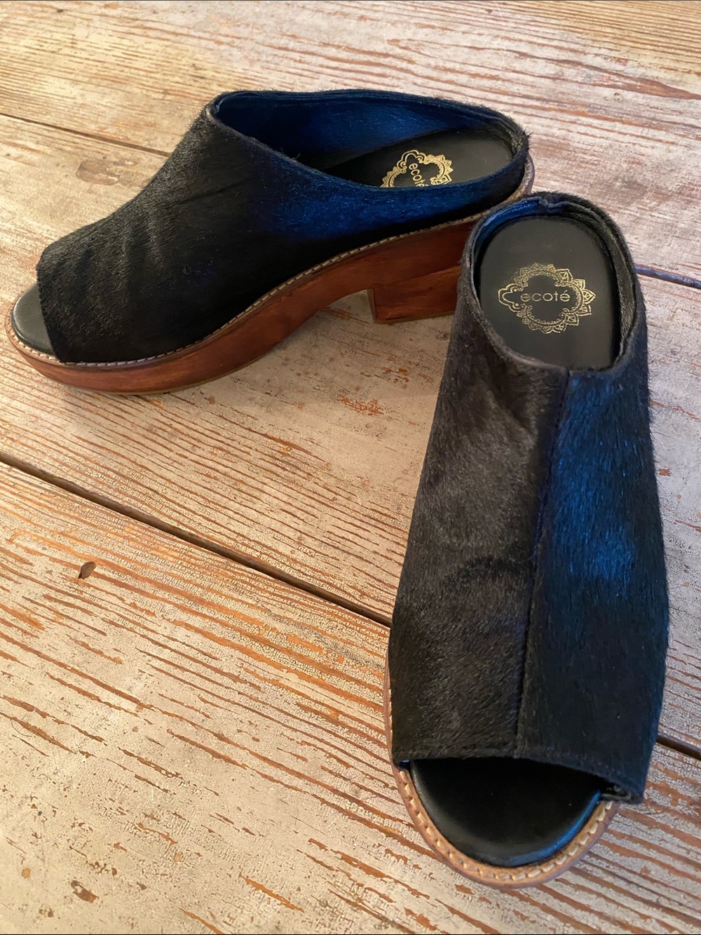 Ecote Black Pony Fur Open-Toe Clog Mule